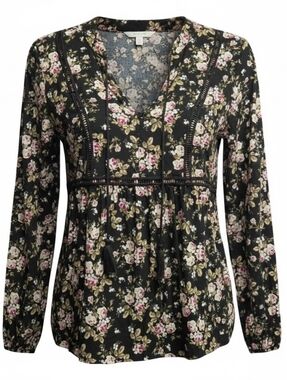 Love, Fire - Black Floral Peplum Blouse Long Sleeve Boho Top Size M